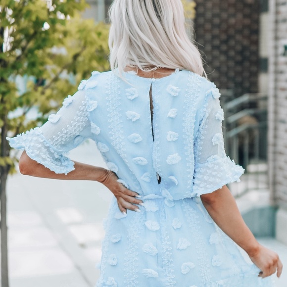 Sky Blue Crew Neck Swiss Dot Mini Dress – Size M - Picture 3 of 6